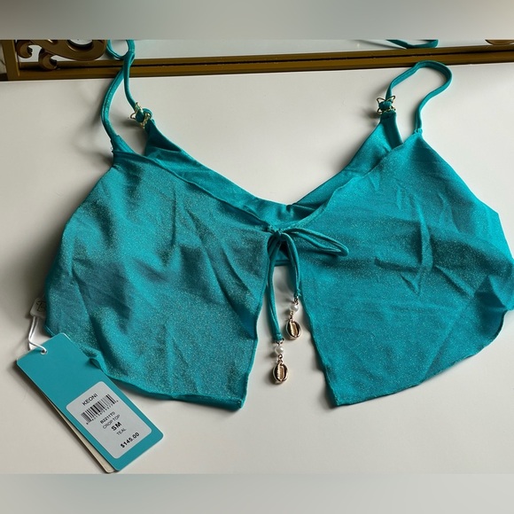 NWT BEACH BUNNY Keoni Crop Top Teal Turquoise w/ Gold Seashell Charms Size Small - Picture 1 of 12